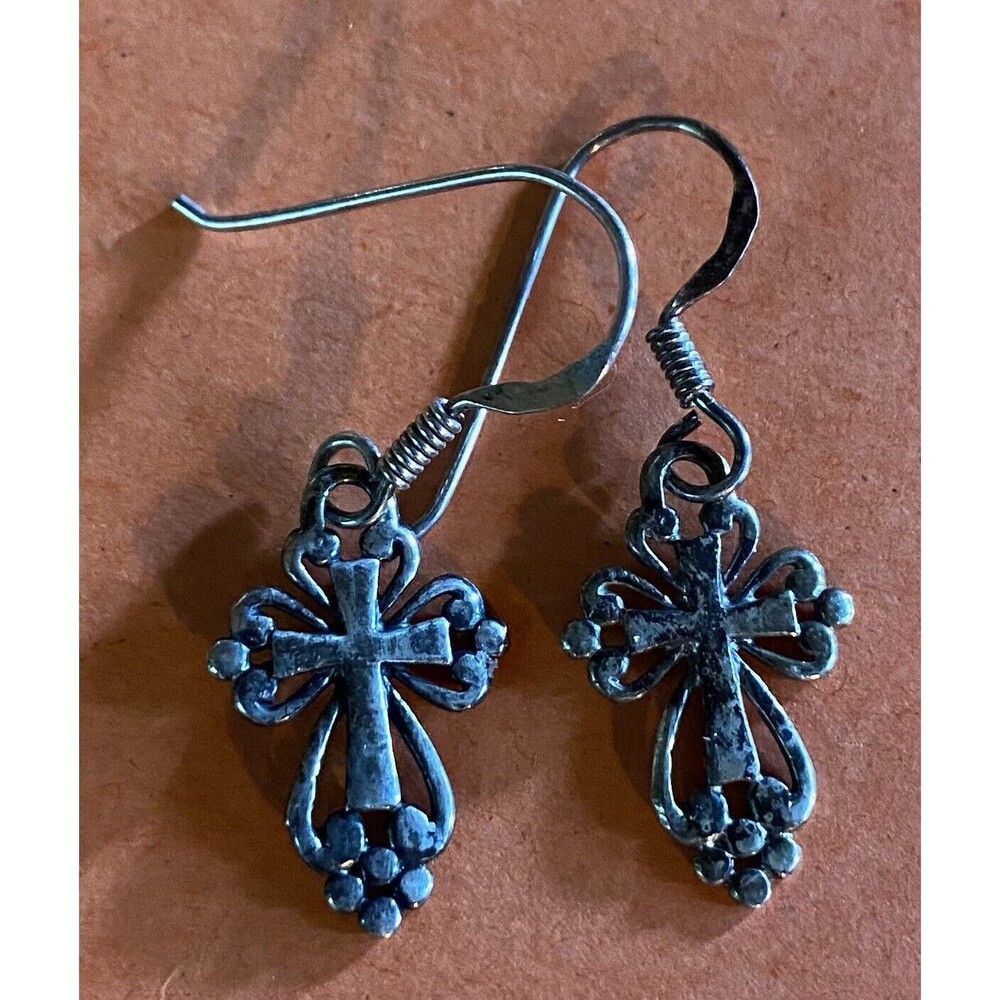 Women’s Earrings Sterling Silver 925 Cross Religious Christian Dangle Pierced 1"